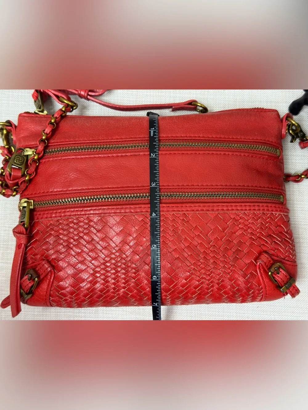 Red Woven Leather Crossbody Bag with Chain-Trim Strap